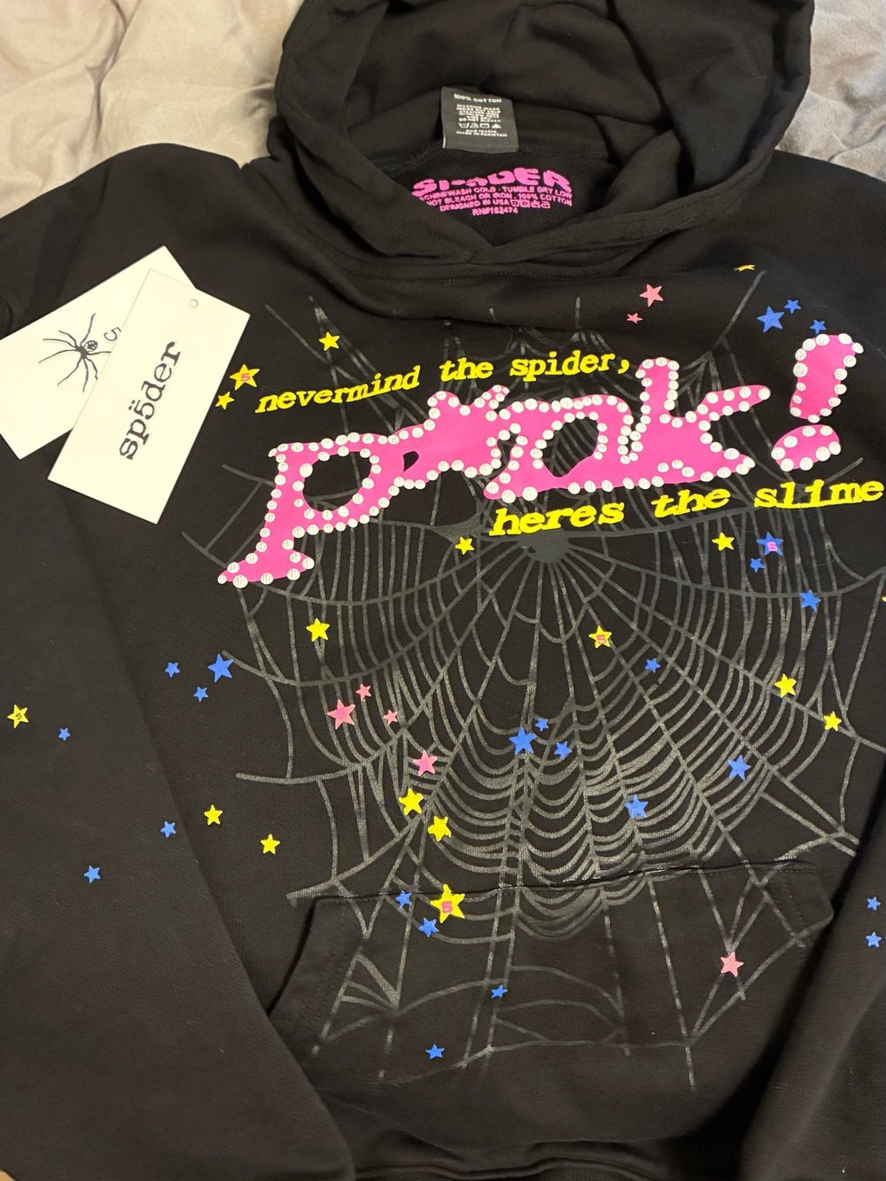 Sp5der Black Hoodie with Pink Logo